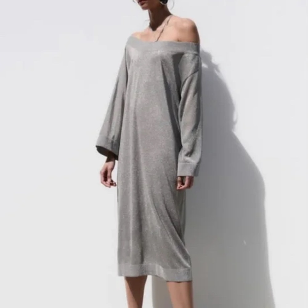 Zara Silver Off-Shoulder Strapless Midi Dress